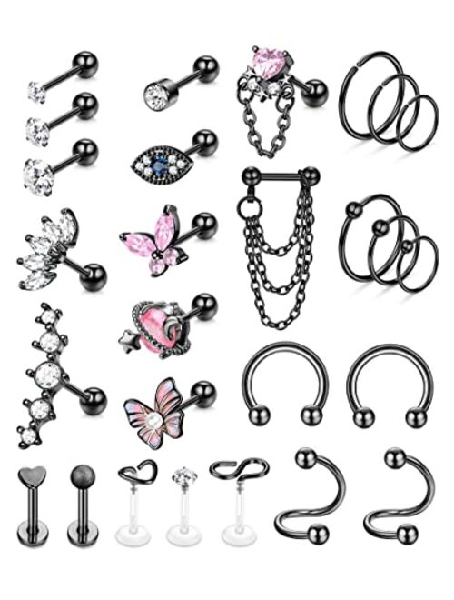 YADOCA 27Pcs 16G Cartilage Earrings For Women Men Tragus Piercing Jewelry Stainless Steel Conch Stud Hoop Earring Hypoallergenic Cz Butterfly Heart Evil Eye Cartilage Tra