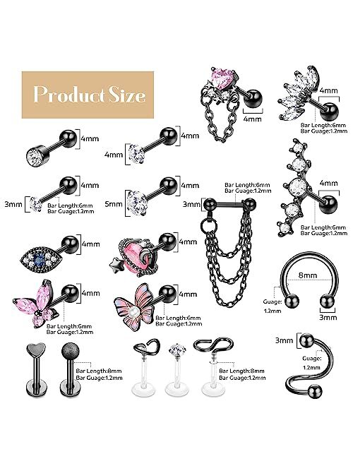 YADOCA 27Pcs 16G Cartilage Earrings For Women Men Tragus Piercing Jewelry Stainless Steel Conch Stud Hoop Earring Hypoallergenic Cz Butterfly Heart Evil Eye Cartilage Tra
