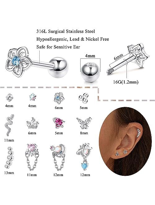 Jstyle 12Pcs 16G Cartilage Earring Stud for Women Surgical Steel Flat Back Earrings CZ Ball Heart Butterfly Flower Flatback Cartilage Earrings Tragus Helix Conch Cartilag