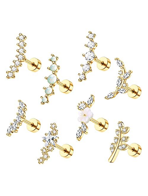 ZELORES 8Pcs 16G Cartilage Earring Set Stainless Steel Flower Opal CZ Stud Earrings Flat Back Cartilage Conch Helix Piercing Jewelry for Women