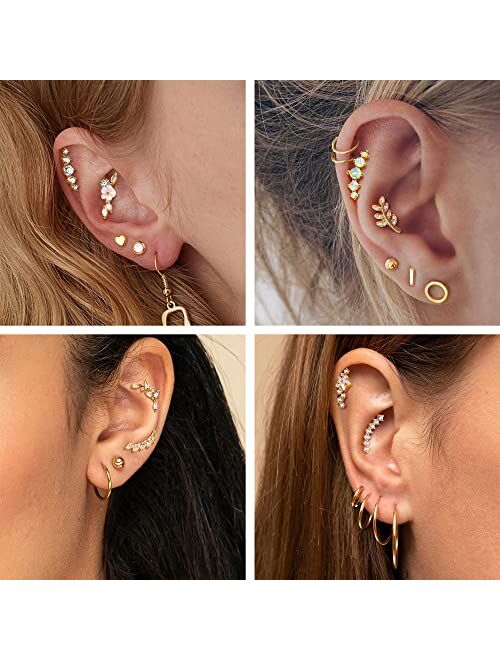 ZELORES 8Pcs 16G Cartilage Earring Set Stainless Steel Flower Opal CZ Stud Earrings Flat Back Cartilage Conch Helix Piercing Jewelry for Women
