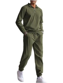 Men's 2 Piece Outfits Casual Long Sleeve Quarter Zip Polo Shirt Corduroy Pant Sets Fall Fashion Tracksuits