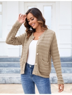 Women Button Down Sweater Jackets Long Sleeve Open Front Chunky Cropped Cardigan with Pockets
