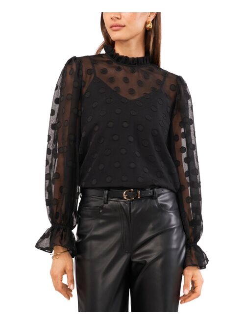 1.STATE Women's Mock-Neck Balloon-Sleeve Polka Dot Blouse