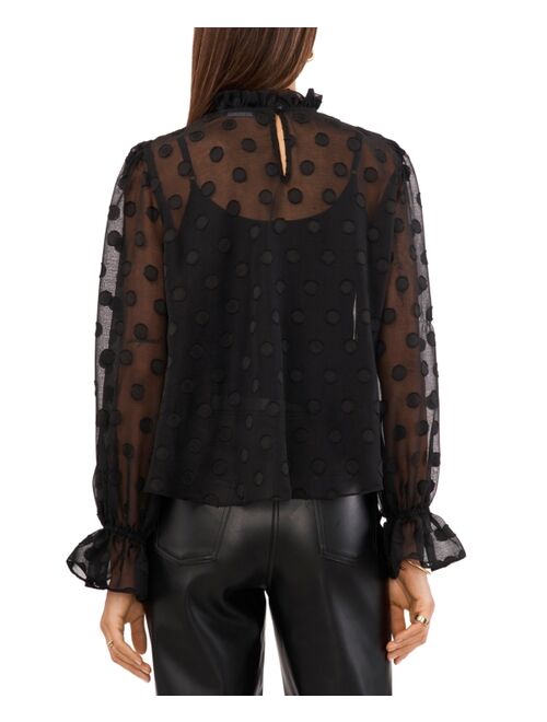 1.STATE Women's Mock-Neck Balloon-Sleeve Polka Dot Blouse