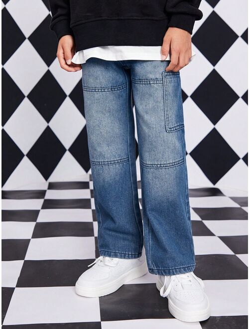 Shein Tween Boy Bleach Wash Patched Pocket Straight Leg Jeans