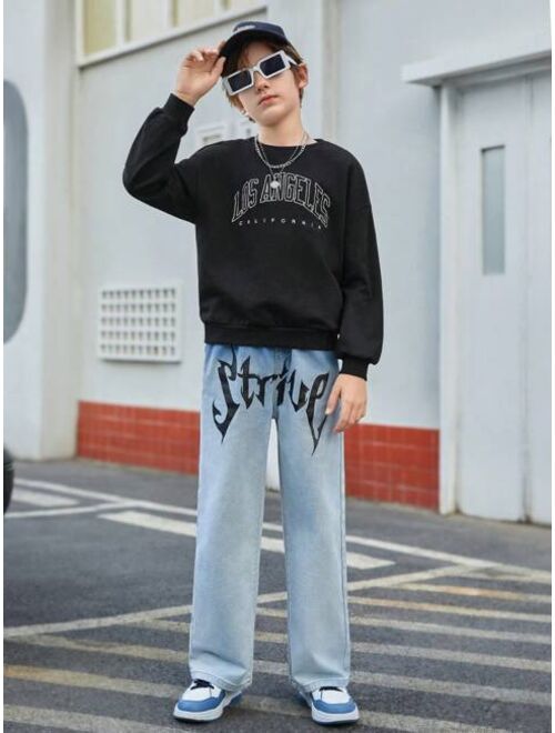 SHEIN Boys' Casual Simple Front Printed Denim Wide Leg Pants