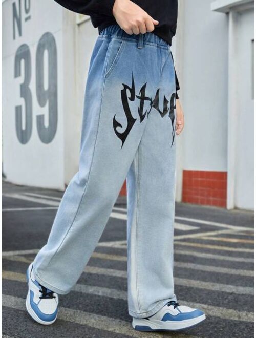 SHEIN Boys' Casual Simple Front Printed Denim Wide Leg Pants