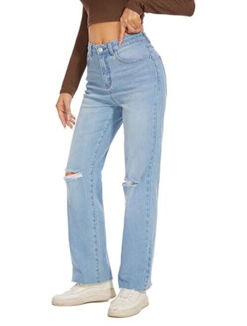 KICZOY Women Straight Ankle Jeans Casual Loose High Waist Solid Denim Pants