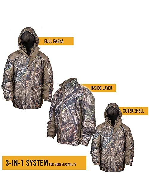 Realtree HOT SHOT Mens 3-in-1 Insulated Camo Hunting Parka, Waterproof, Removable Hood, Year Round Versatility
