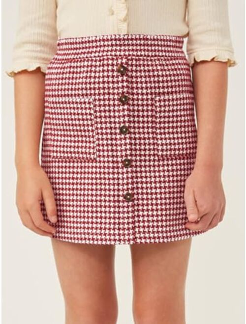 Haloumoning Girls Mini Skirts Kids Front Pocket Button Houndstooth Skirt Fashion Clothes 5-14 Years