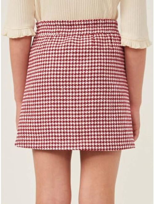 Haloumoning Girls Mini Skirts Kids Front Pocket Button Houndstooth Skirt Fashion Clothes 5-14 Years