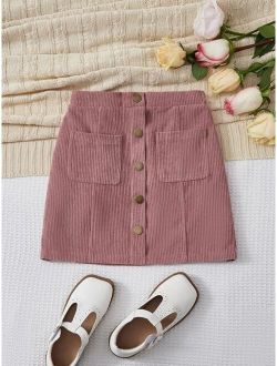 Girls Button Front Dual Pocket Corduroy Skirt