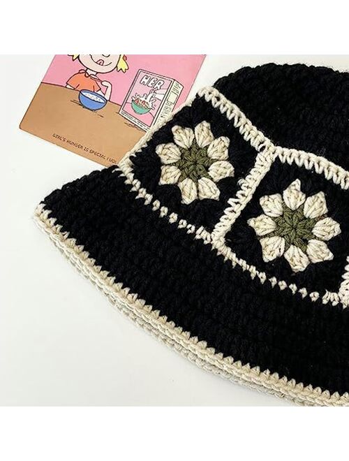 Hzxsny Floral Crochet Hat for Women Handmade Bucket Hats Foldable Multicolor Bucket Cap Casual Fisherman Caps Crochet Sun Hat 2023