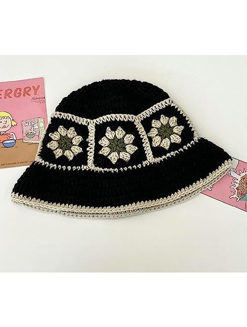 Hzxsny Floral Crochet Hat for Women Handmade Bucket Hats Foldable Multicolor Bucket Cap Casual Fisherman Caps Crochet Sun Hat 2023