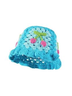 Fiewmay Crochet Bucket Hat for Women Handmade Floral Hat Portable Knitted Elastic Cute Beach Hat for Vacation Traveling