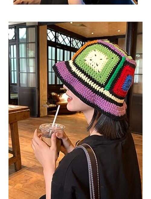 Bidadary Women-Crochet-Hat-Knitted Floral Bucket-Hat-Handmade Plaid Fisherman-Hat-for-Women Fall-Spring-Winter-Summer