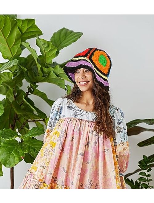 Bidadary Women-Crochet-Hat-Knitted Floral Bucket-Hat-Handmade Plaid Fisherman-Hat-for-Women Fall-Spring-Winter-Summer