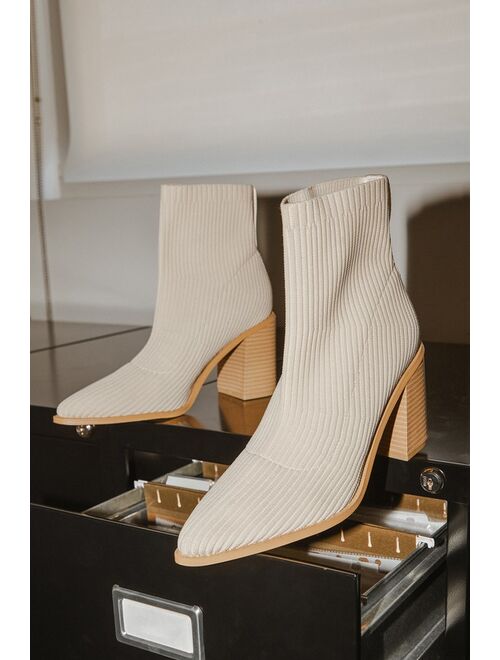 Lulus Farlie Almond Ribbed Knit Pointed-Toe Sock Boots