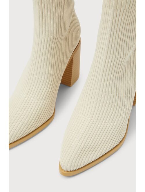 Lulus Farlie Almond Ribbed Knit Pointed-Toe Sock Boots