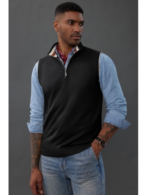 PJ PAUL JONES Mens Sweater Vest Quarter Zip Stand Collar Knitted Sweater Vests Sleeveless Pullover Knitwear