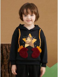 X Masha and The Bear Young Boy Bear Graphic Gloves Flocking Drop Shoulder Hoodie