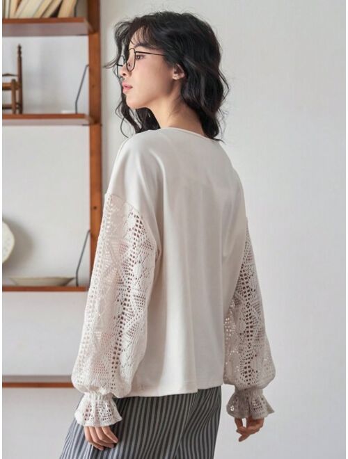 FRIFUL Solid Color Lace Patchwork Long Sleeved T-shirt