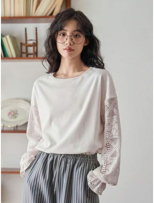 FRIFUL Solid Color Lace Patchwork Long Sleeved T-shirt