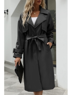 Bellivera Women Trench Coat Long Loose Jacket Faux PU Leather Oversize Classic Lapel Overcoat with Belt