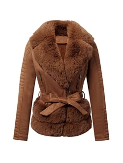 Bellivera Women Faux Suede Leather Jacket Motorcycle Short Sherpa-Lined Coat with Removable Belt