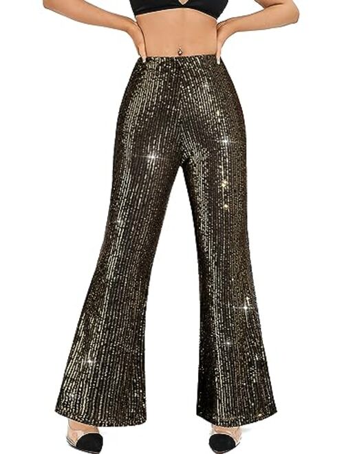 YHYJMY Womens High Waist Wide Leg Sparkle Sequin Bling Glitter Elastic Loose Flare Bell Bottom Shiny Pants