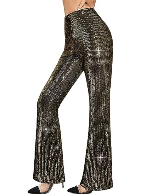 YHYJMY Womens High Waist Wide Leg Sparkle Sequin Bling Glitter Elastic Loose Flare Bell Bottom Shiny Pants