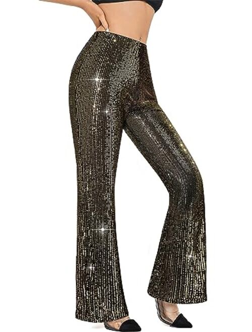 YHYJMY Womens High Waist Wide Leg Sparkle Sequin Bling Glitter Elastic Loose Flare Bell Bottom Shiny Pants