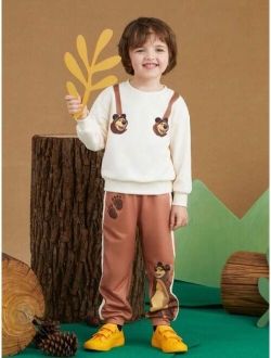 X Masha and The Bear Young Boy Bear Print Pullover & Contrast Sideseam Sweatpants