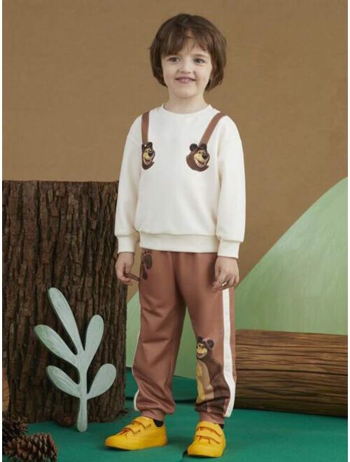 SHEIN X Masha and The Bear Young Boy Bear Print Pullover & Contrast Sideseam Sweatpants