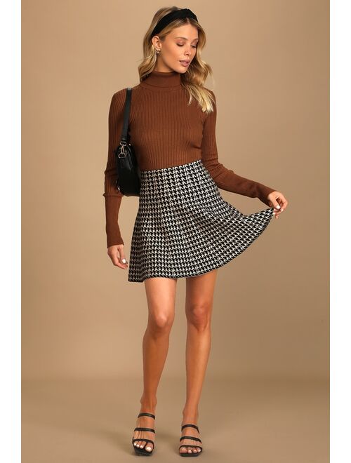 Lulus Fall Moments Black and Tan Houndstooth Mini Sweater Skirt