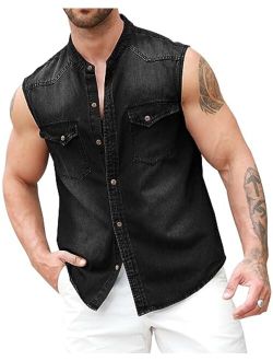 Ryannology Men Button Down Denim Cotton Shirts Sleeveless Casual Slim Fit Work Cowboy Jean Vest Shirt with Pockets