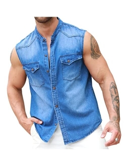 Ryannology Men Button Down Denim Cotton Shirts Sleeveless Casual Slim Fit Work Cowboy Jean Vest Shirt with Pockets