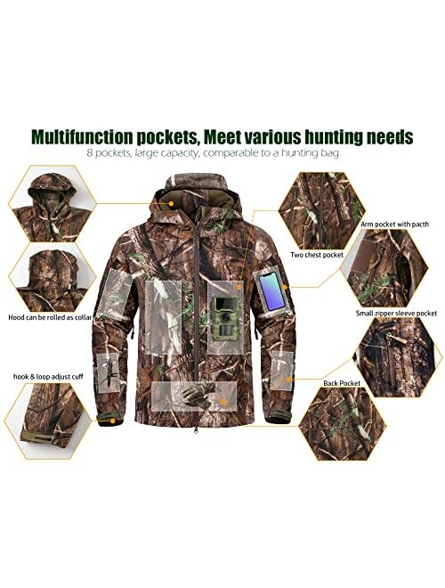 NAVEKULL Silent Hunting Clothes for Men Soft Shell Outdoor Hiking Jacket Camo Water Resistant Fleece Hooded Coat with Pockets