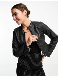 Cotton:On stretch faux leather moto jacket in washed black