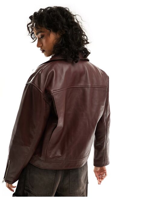 Bolongaro Trevor oversized leather biker jacket in burgundy