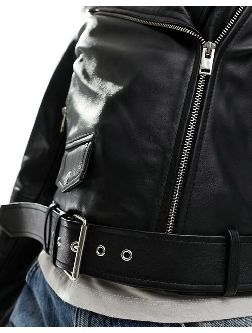 Bolongaro Trevor cropped belted leather biker jacket in black