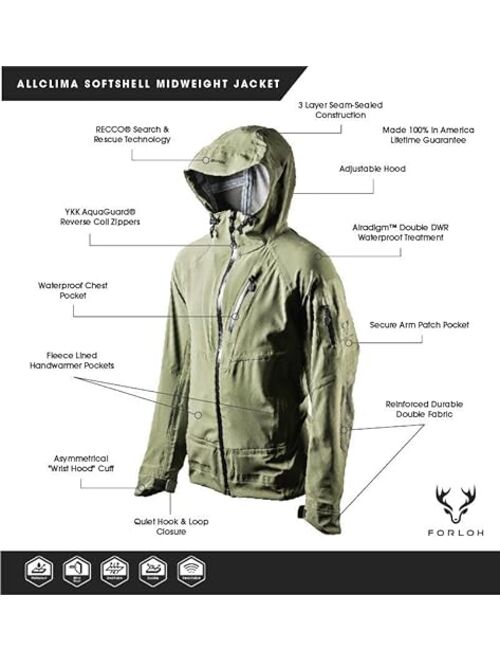 FORLOH Men's AllClima SoftShell Jacket - Waterproof Technical Hunting Coat/Silent Movement/Comfortable Mid-Layer
