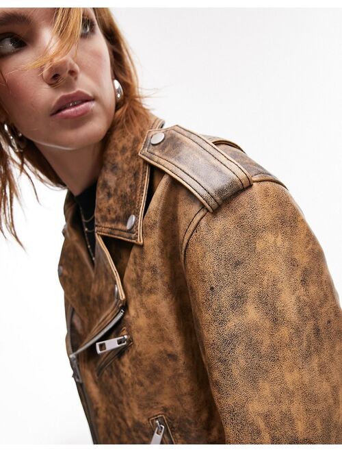 Topshop real leather washed crop biker jacket in brown