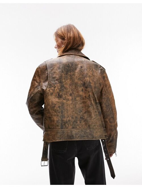 Topshop real leather washed crop biker jacket in brown