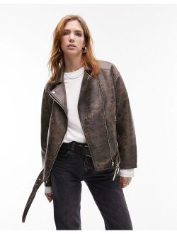 faux leather washed look oversized biker jacket in brown