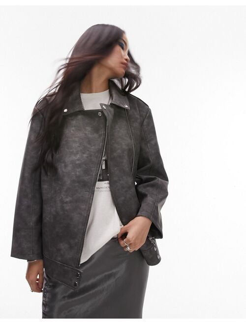 Topshop faux leather washed look easy oversized biker jacket in gray