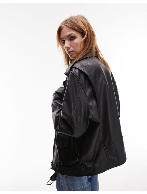 Topshop real leather oversized biker jacket in black