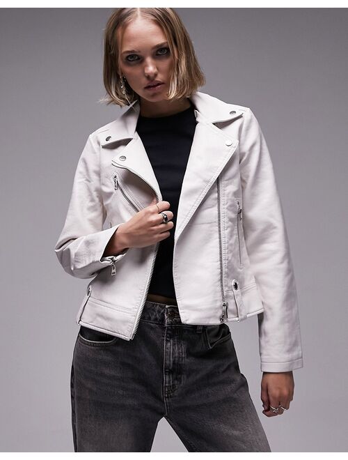 Topshop Petite faux leather biker jacket in off white