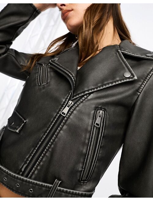 Stradivarius faux leather biker jacket in washed black